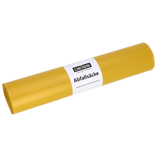 Abgebildet ist eine gelbe Rolle der EMIL DEISS KG (GmbH + Co.) DEISS 53019 Müllsäcke (700x1100 mm, Typ 20, 50 Stück) auf weißem Hintergrund - perfekt für eine effiziente Abfallentsorgung.