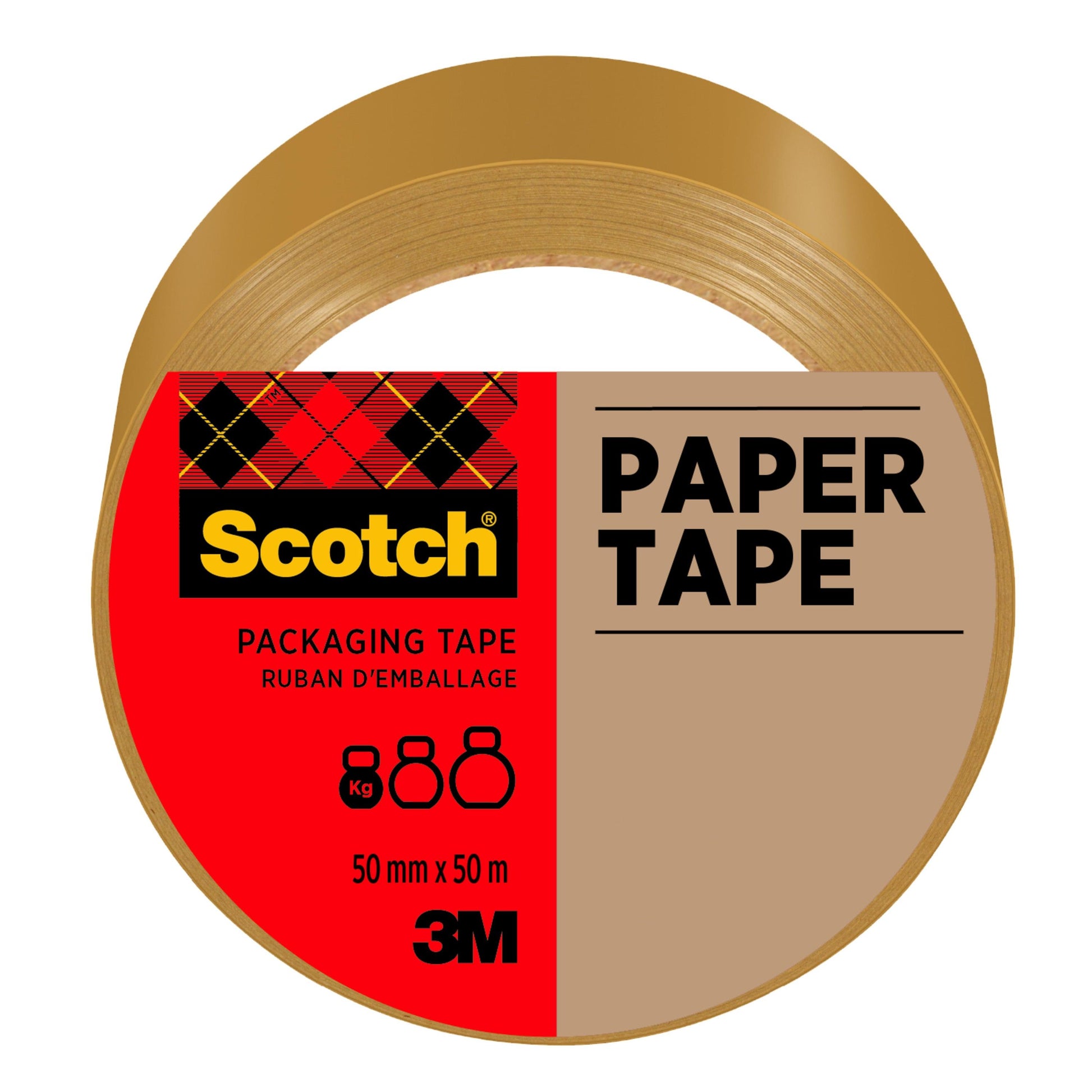Eine Rolle Scotch® Verpackungsklebeband aus Papier, Braun (50 mm x 50 m) von 3M Deutschland GmbH, mit einem rot-braunen Etikett mit Produktinformationen und Piktogrammen, die eine Kapazität von 8 kg angeben. Die Packung enthält 1 Rolle.