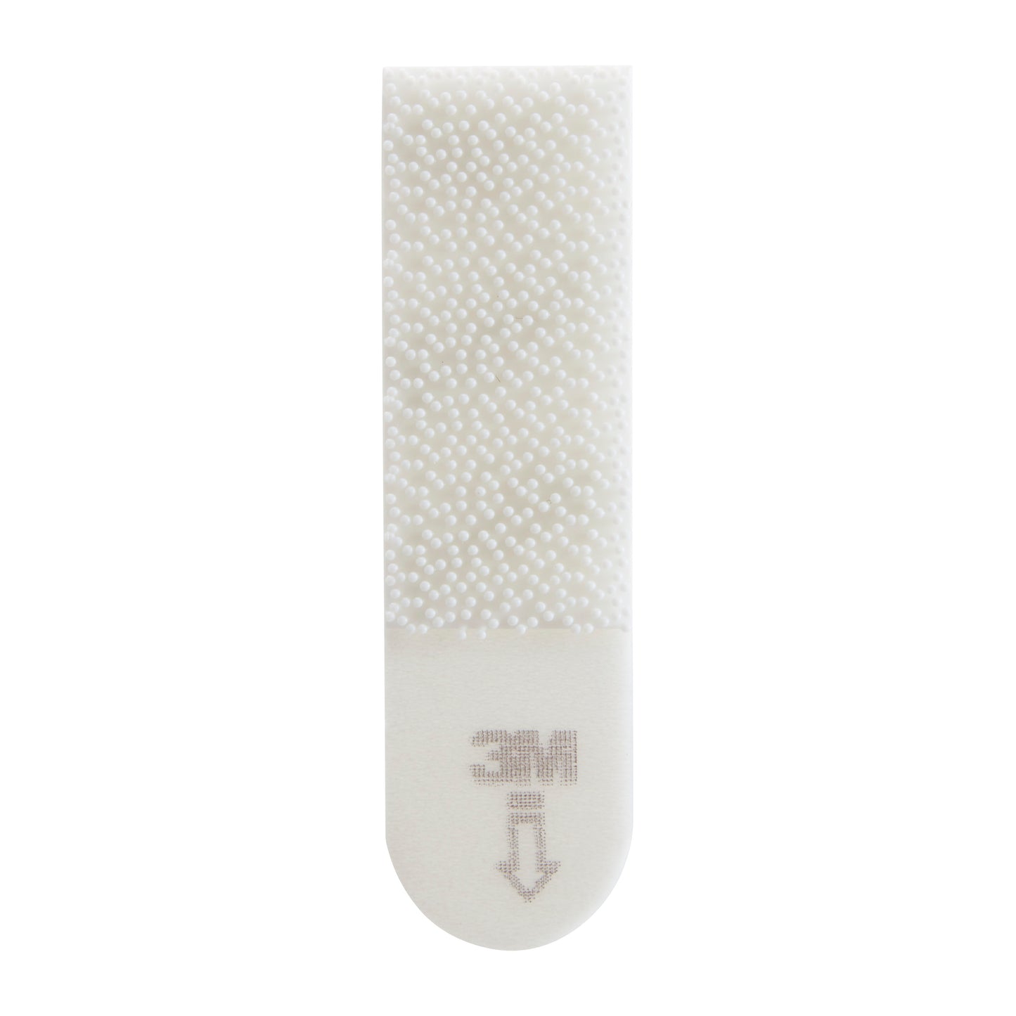 Ein einzelner Command™ Bilder-Montage Strip S 17202FGN von 3M Deutschland GmbH in Weiß, mit strukturierter Oberfläche, grauem Pfeil und "3M" Logo - ideal zum Befestigen von Bildern ohne Spuren dank starker Klebekraft.