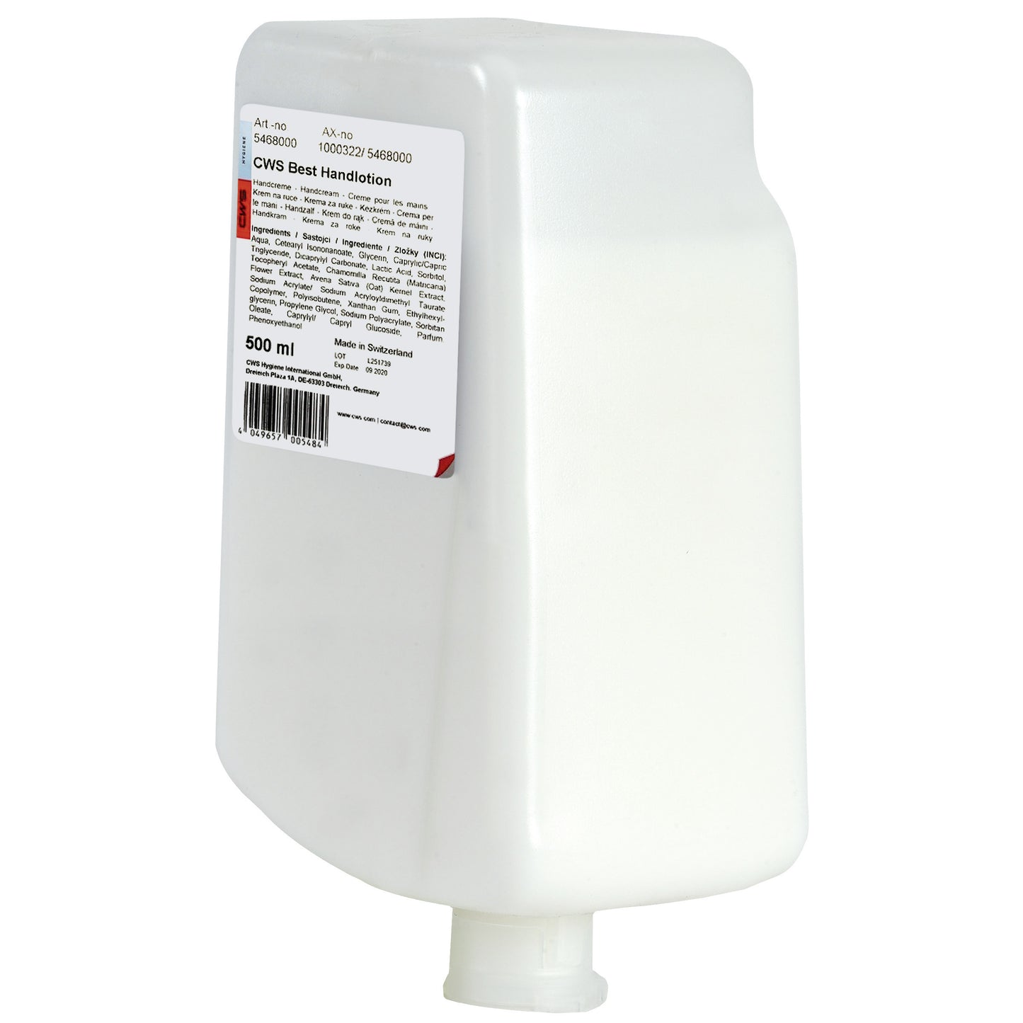 Bottiglia rettangolare bianca da 500 ml di lozione per le mani CWS con informazioni sul prodotto, codice a barre e un piccolo beccuccio inferiore per la cura quotidiana e di alta qualità delle mani. Con la scritta "CWS Handlotion, Best Handlotion 500 ml | Bottiglia (500 ml)".