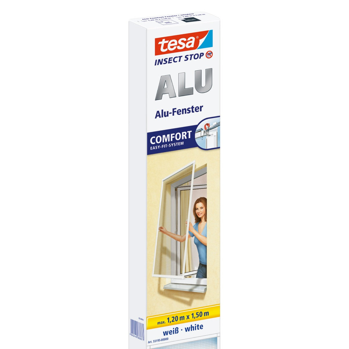 tesa INSECT STOP Aluminium Rahmen Fliegengitter für Fenster, 120 x 150 cm, Comfort weiß