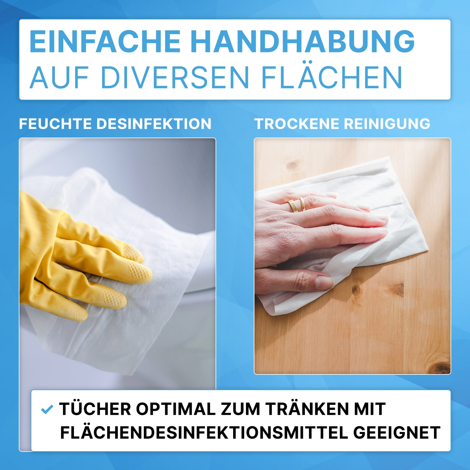 Ein geteiltes Bild zeigt eine behandschuhte Hand, die mit Desinfektionstüchern mit der Aufschrift "Feuchte Desinfektion" gereinigt wird, und eine nackte Hand, die ARNOMED DRY WIPES Vliestücher der ARNOWA GmbH auf Holz verwendet, mit der Aufschrift "Trockene Reinigung".