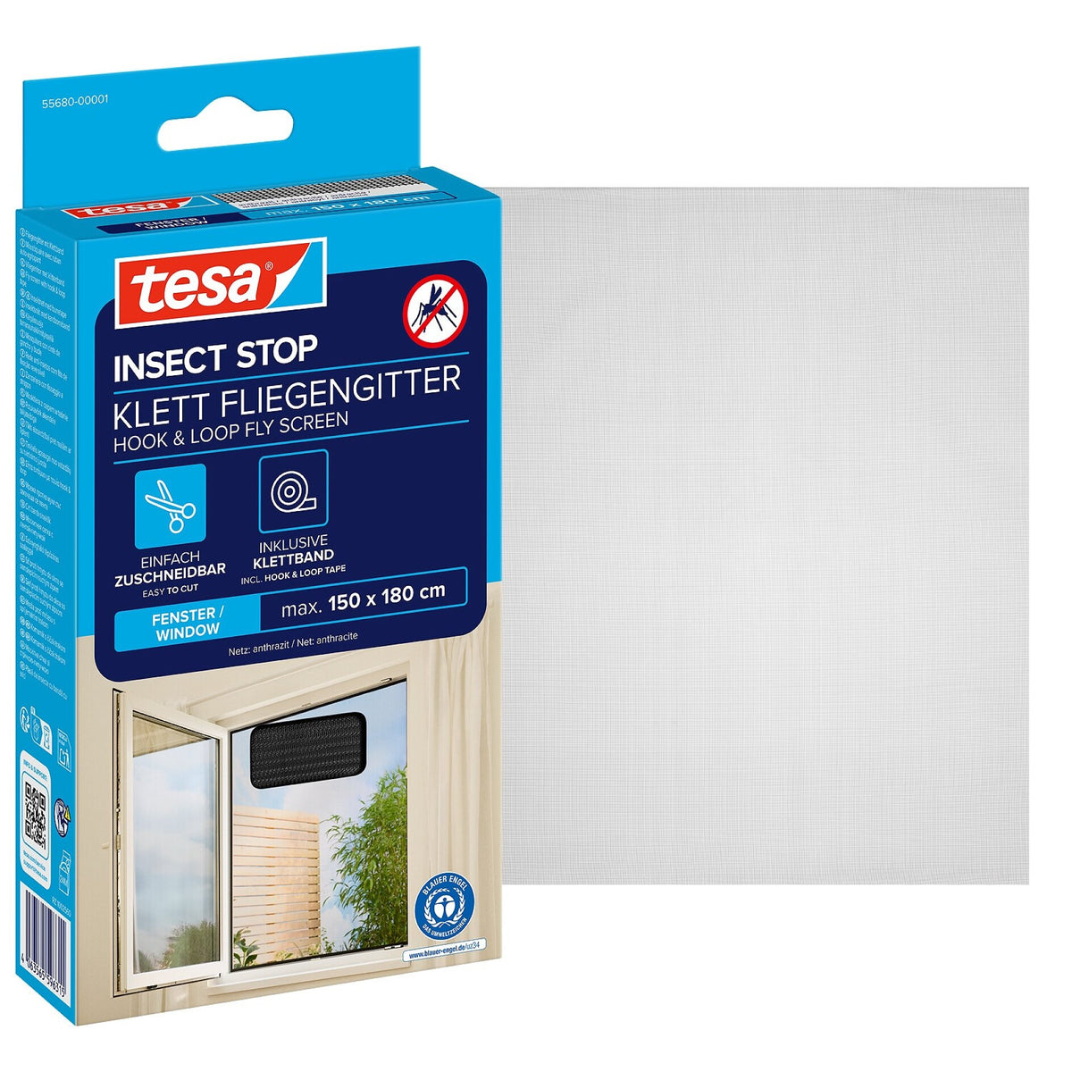 tesa INSECT STOP Klett Fliegengitter für Fenster Standard, anthrazit, 150 x 180 cm
