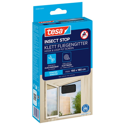 tesa INSECT STOP Klett Fliegengitter für Fenster Standard, anthrazit, 150 x 180 cm