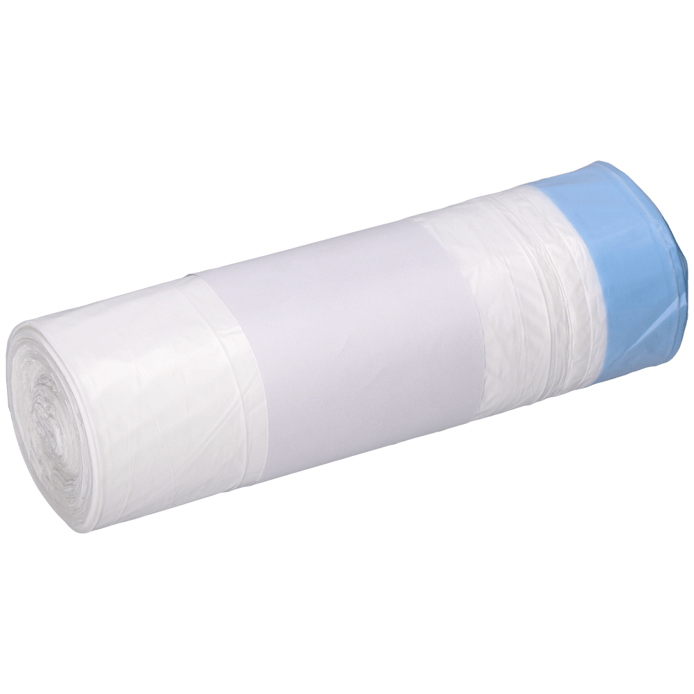Un rotolo di sacchi della spazzatura DEISS 56004 bianchi (25 pezzi, 500x600+50x0,015 mm) della EMIL DEISS KG (GmbH + Co.), con un sacco blu alla fine, è avvolto in un'etichetta bianca semplice e posizionato su uno sfondo chiaro.