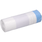 Un rotolo di sacchi della spazzatura DEISS 56004 bianchi (25 pezzi, 500x600+50x0,015 mm) della EMIL DEISS KG (GmbH + Co.), con un sacco blu alla fine, è avvolto in un'etichetta bianca semplice e posizionato su uno sfondo chiaro.