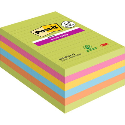Una confezione di 3M Post-it® Super Sticky Notes in formato grande, righe, 101 x 152 mm in diversi colori (90 fogli/blocco, 4 blocchi + 2 gratis), ad alta tenuta e certificato PEFC. La copertina mostra linee con logo Post-it e 3M.