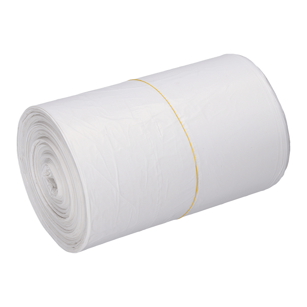 Un rotolo EMIL DEISS KG (GmbH + Co.) DEISS 56820 sacchi della spazzatura (540x580x0,011 mm, bianco) è avvolto strettamente e fissato con un elastico giallo su sfondo bianco - ideale per uno smaltimento dei rifiuti efficiente.