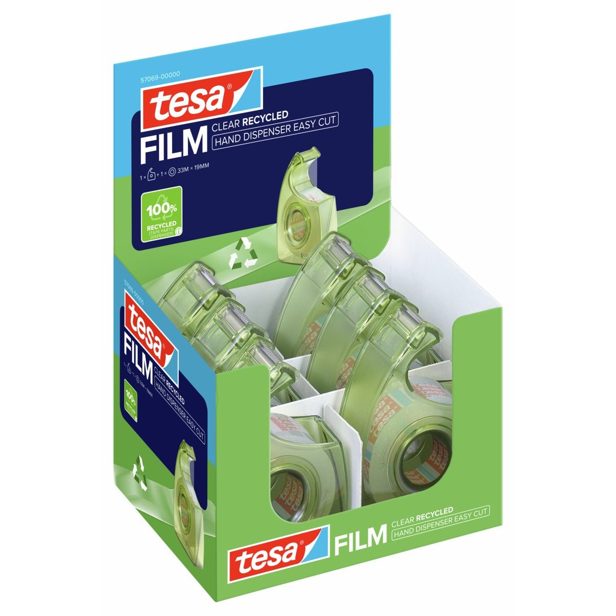 tesa HAND DISPENSER EASY CUT RECYCLED - Dispensatore manuale, verde, con nastro tesafilm Clear Recycled da 33 m x 19 mm, con etichetta EAN