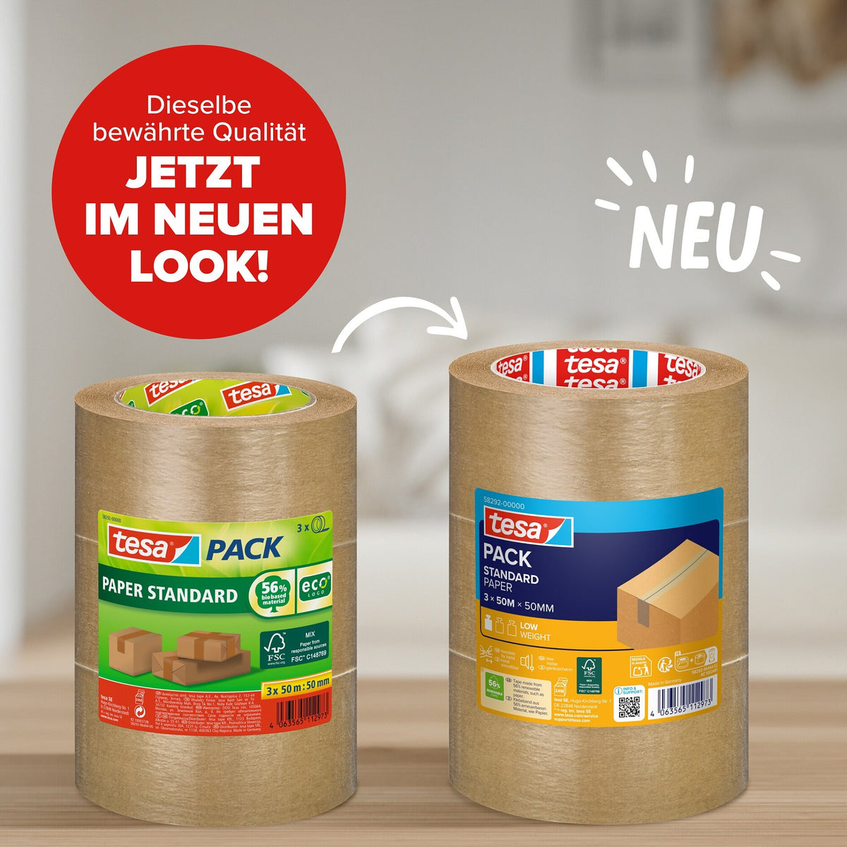 tesapack STANDARD PAPER, chamois, 50 m x 50 mm, 3 Rollen – Produktmerkmale