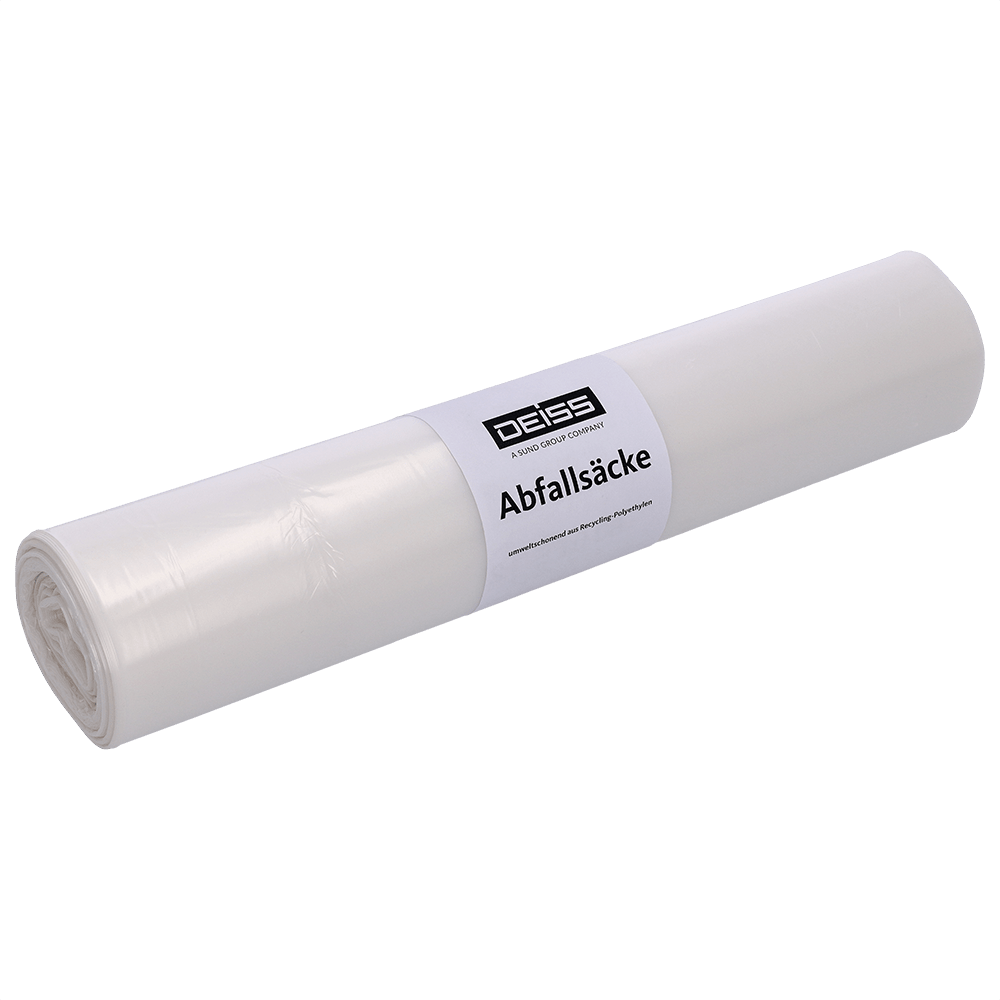 Un rotolo bianco della EMIL DEISS KG (GmbH + Co.) DEISS 59024 - 620x720 mm sacco trasparente per rifiuti, confezione da 50 pezzi, si trova su uno sfondo chiaro. L'etichetta mostra il nome del marchio e la descrizione del prodotto in tedesco.