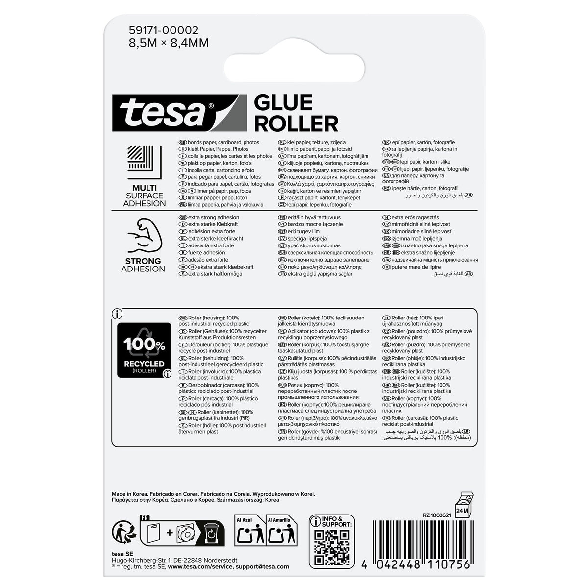 tesa GLUE ROLLER Permanent Disposable, 8,5 m x 8,4 mm, transparent, im Blister