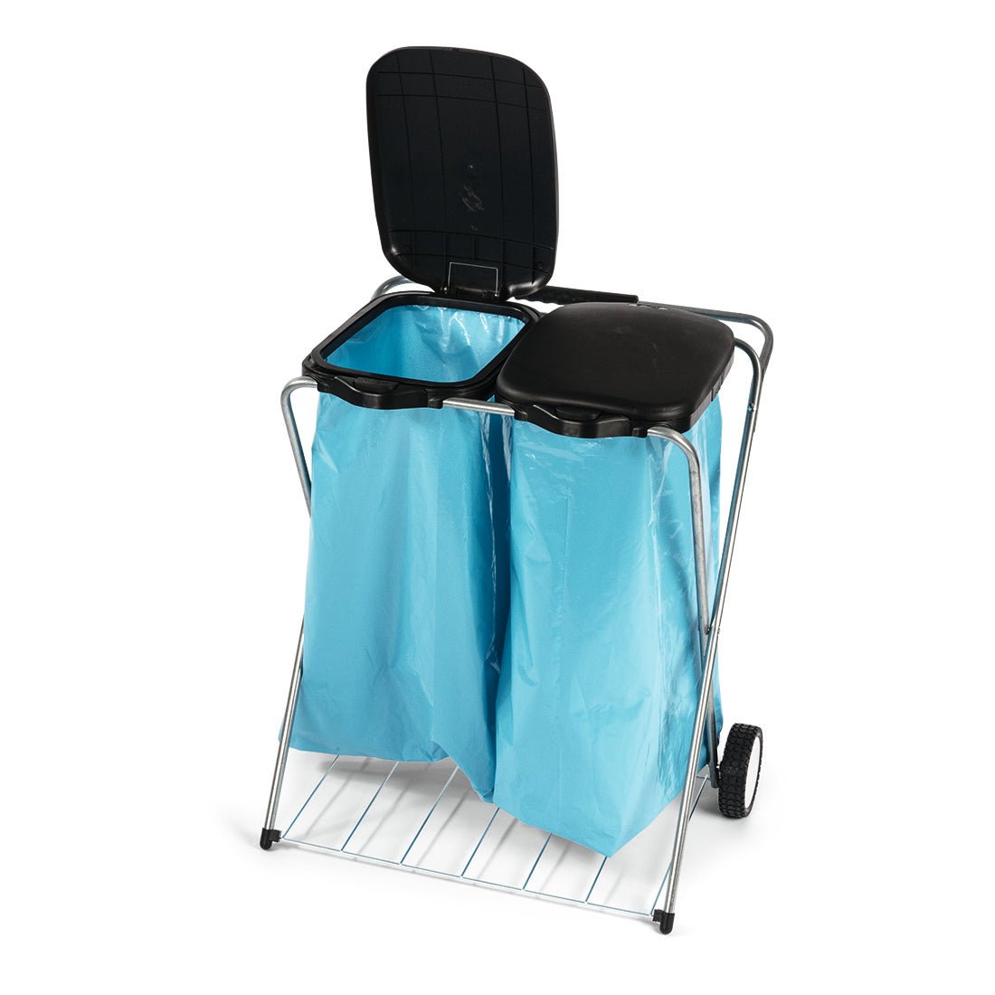 Il raccoglitore di rifiuti mobile Nölle Profi, a 2 scomparti (66x37x78 cm) di Nölle Profi Brush Bürsten- & Pinseltechnik e.K., offre due scomparti in metallo con coperchi neri e ruote per una facile separazione dei rifiuti e mobilità.