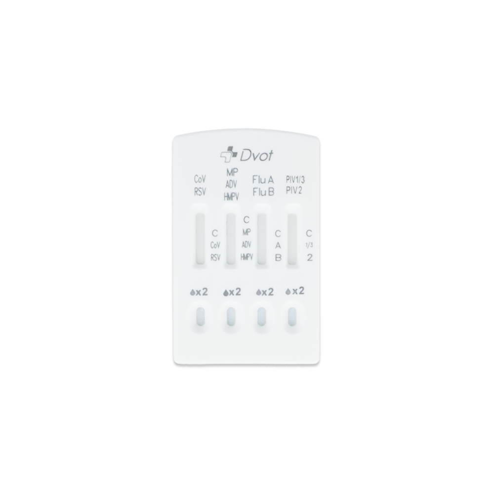 La cassetta del test professionale Altruan Combo 9in1 DVOT offre quattro finestre di risultato per SARS-CoV-2, Influenza A+B, RSV, Adenovirus, hMPV, PIV 1/3/2 e Mycoplasma - una soluzione di test rapido bianca ed efficiente in un unico pacchetto.