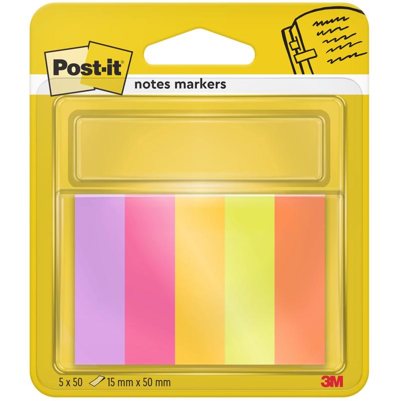 Il Post-it® Page Marker della 3M Deutschland GmbH contiene cinque blocchi (viola, rosa, arancione, giallo, verde), ciascuno di 15 mm x 50 mm con 50 fogli per blocco ed è realizzato in materiale certificato 100% PEFC.