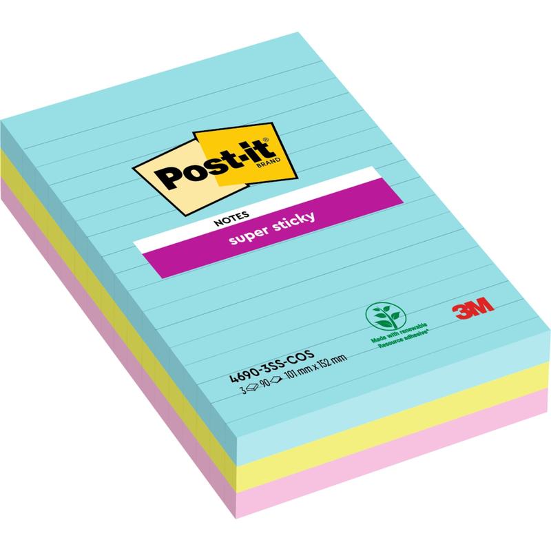 Una pila di Post-it® Super Sticky Notes foderate in formato grande (101 mm x 152 mm, 90 fogli/blocco, 100% PEFC) di 3M Deutschland GmbH in confezione ecologica.