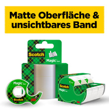 Abgebildet ist eine Packung 3M Deutschland GmbH Scotch® Magic™ Unsichtbares Klebeband (19 mm x 25 m) im grün-karierten Design, mit einer Rolle im Handabroller plus 5 m gratis. Oben steht der deutsche Text: "Matte Oberfläche & unsichtbares Band.