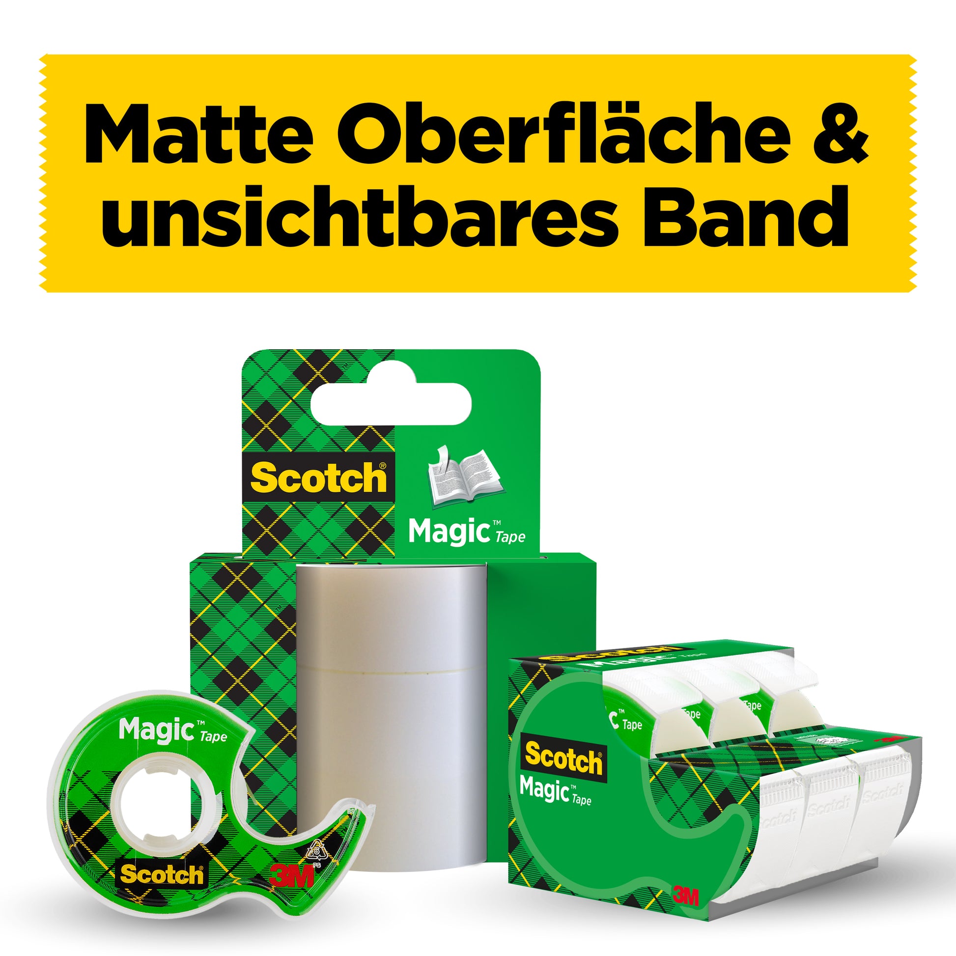 Abgebildet ist ein Display der Scotch® Magic™ Unsichtbares Klebeband Nachfüllpackung (1 Rolle, 19 mm x 25 m) der 3M Deutschland GmbH, darüber ein gelbes Banner mit der Aufschrift "Matte Oberfläche & unsichtbares Band".