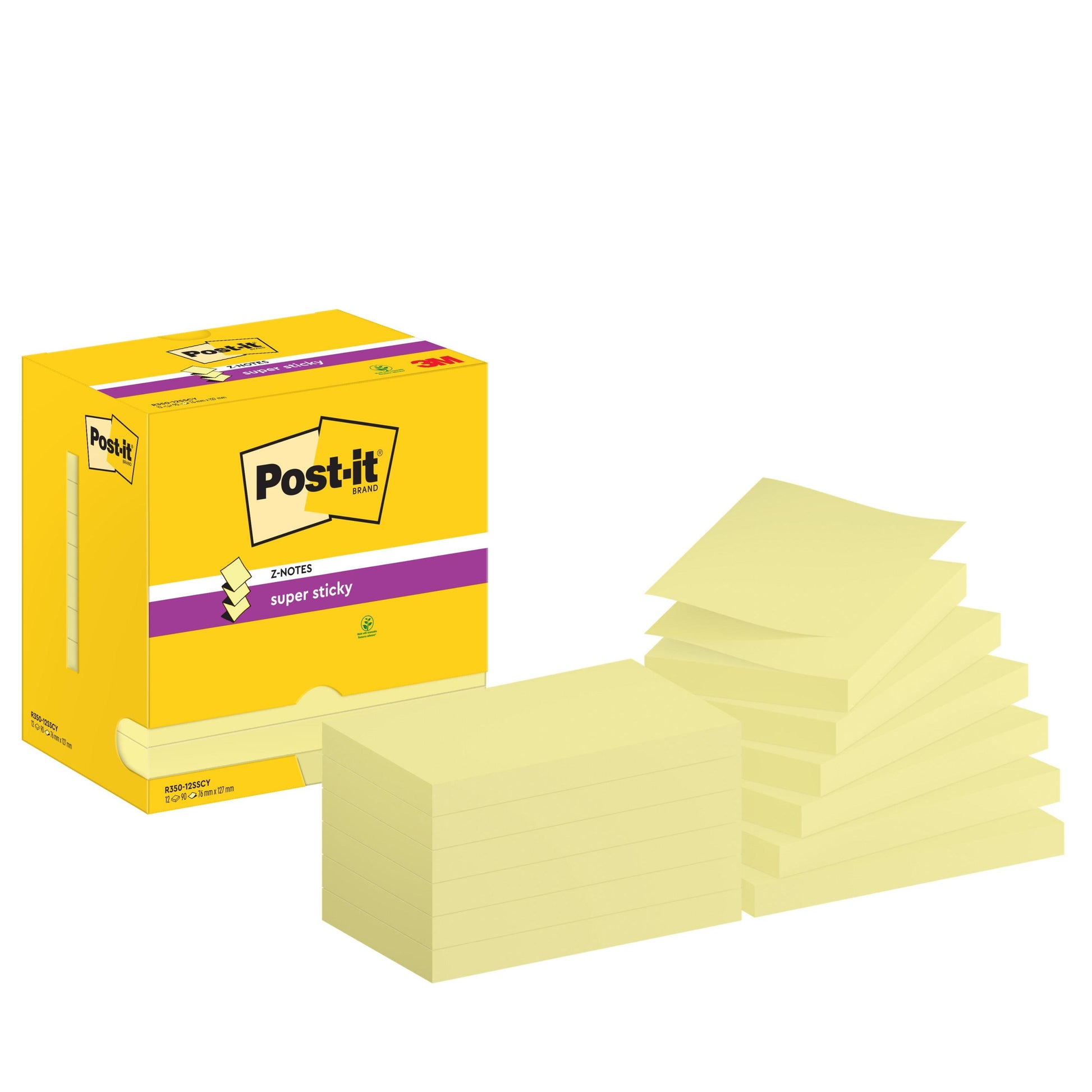 Eine Packung 3M Post-it® Super Sticky Z-Notes, Gelb (76x127mm, 90 Blatt/Block, 12 Blöcke), in einer gelben PEFC-Kartonverpackung ist neben gestaffelten Haftnotizblöcken auf weißem Hintergrund abgebildet.