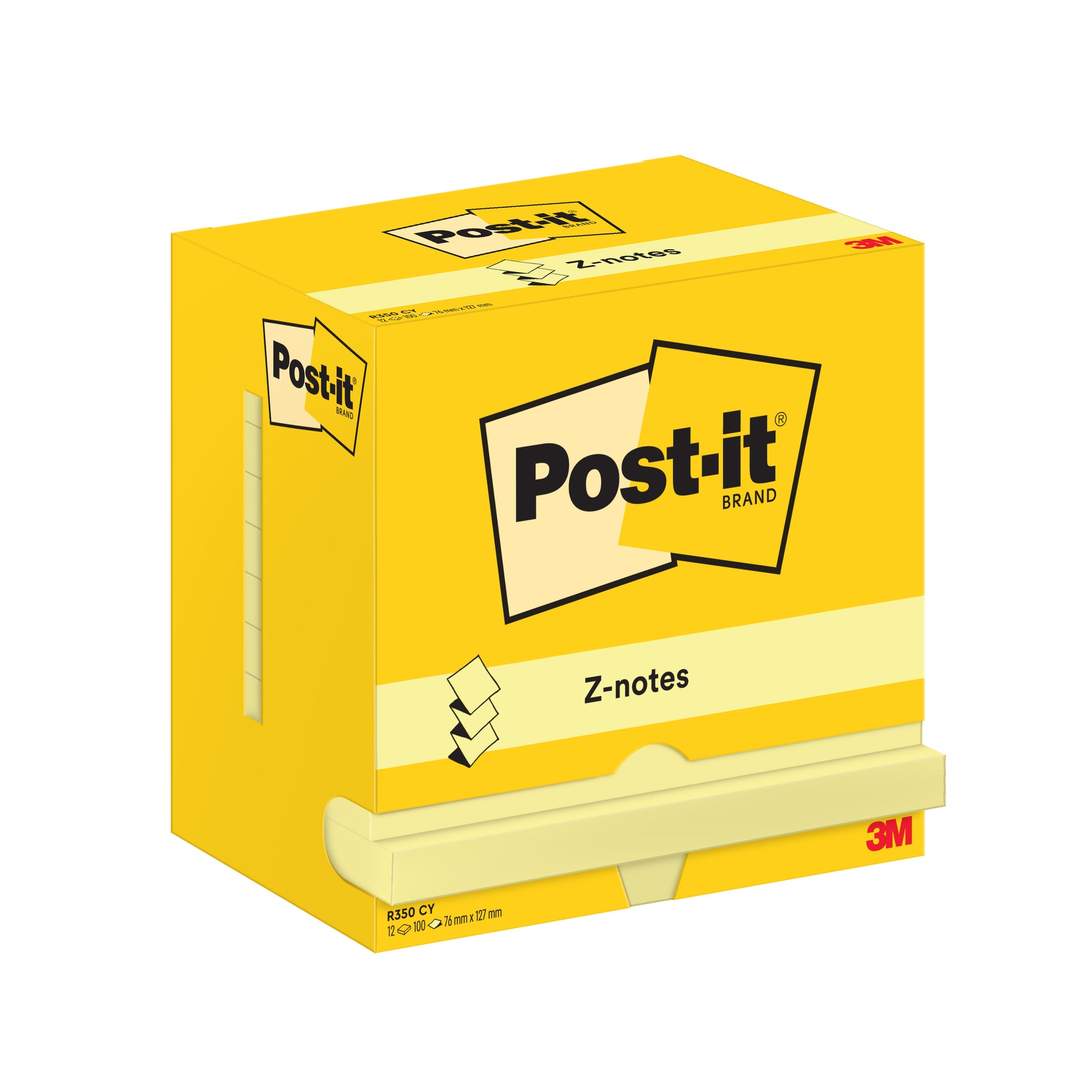 Eine gelbe Post-it® Super Sticky Z-Notes Box von 3M Deutschland GmbH, 76 x 127 mm, 100 Blatt, Kartonverpackung, mit teilweise herausgezogenen hellgelben Zetteln und dem Markenlogo auf der Vorderseite.