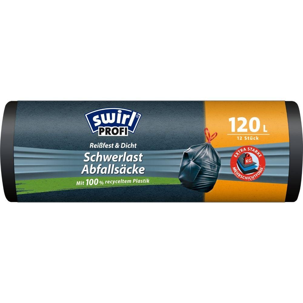 Un rotolo Swirl di sacchi pesanti Profi con coulisse 120 l (12 sacchi) di Melitta Europa GmbH & Co. KG, resistenti agli strappi e a prova di perdite, realizzati al 100% in plastica riciclata, in confezione nera con informazioni sul prodotto in tedesco.