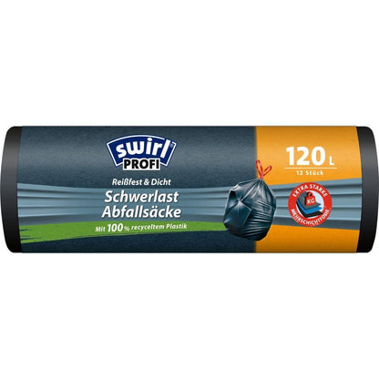 Un rotolo Swirl di sacchi pesanti Profi con coulisse 120 l (12 sacchi) di Melitta Europa GmbH & Co. KG, resistenti agli strappi e a prova di perdite, realizzati al 100% in plastica riciclata, in confezione nera con informazioni sul prodotto in tedesco.