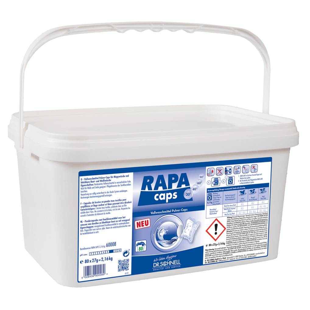 Un barattolo di plastica bianca con l'etichetta "Dr. Schnell RAPA CAPS Detersivo universale in polvere, dosaggio manuale, igiene del bucato" (2160 g) della DR.SCHNELL GmbH & Co. KGaA dispone di una maniglia, un adesivo blu-bianco, simboli di sicurezza e un manuale.