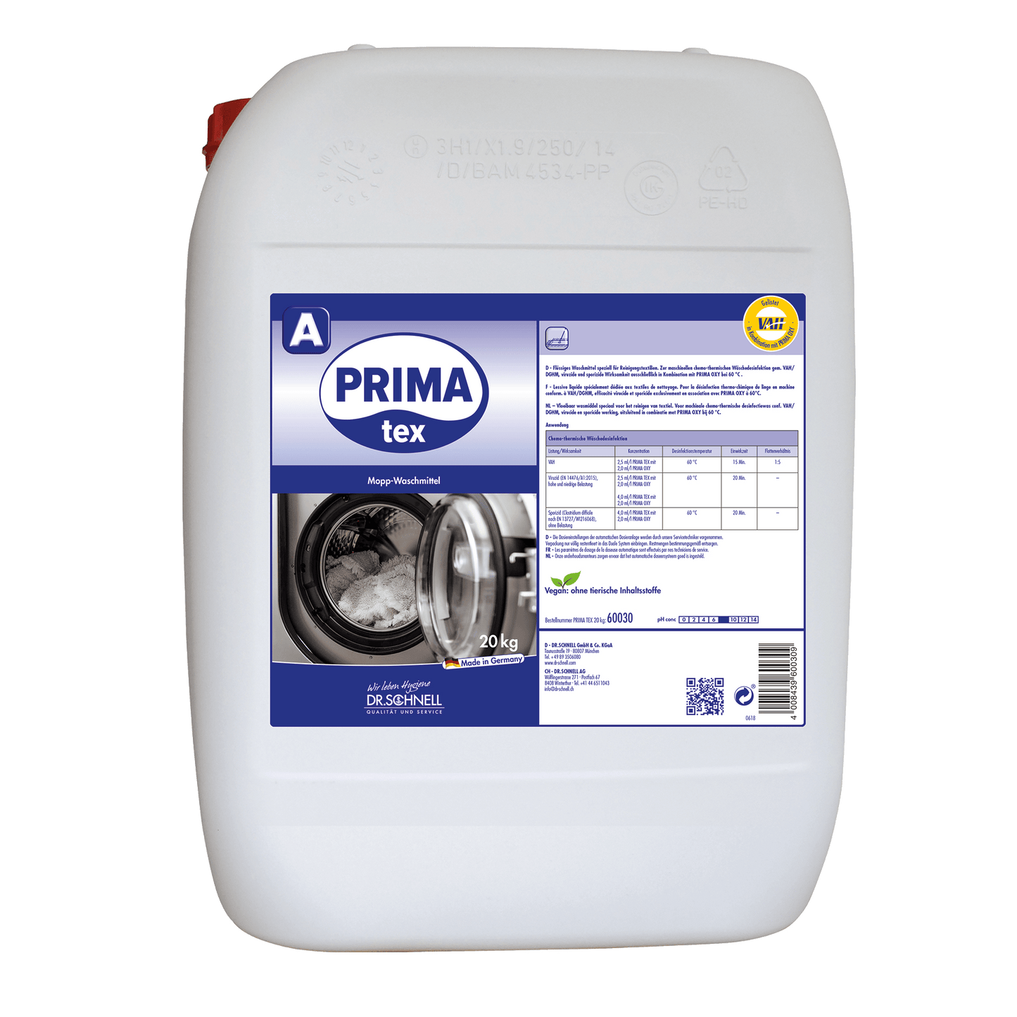 Un grande contenitore di plastica bianco da 20 kg con l'iscrizione "Dr. Schnell PRIMA TEX" della DR.SCHNELL GmbH & Co. KGaA è dotato di un'etichetta blu con immagine di lavatrice, tabella di dosaggio e marchio di certificazione giallo - ideale per la pulizia professionale.