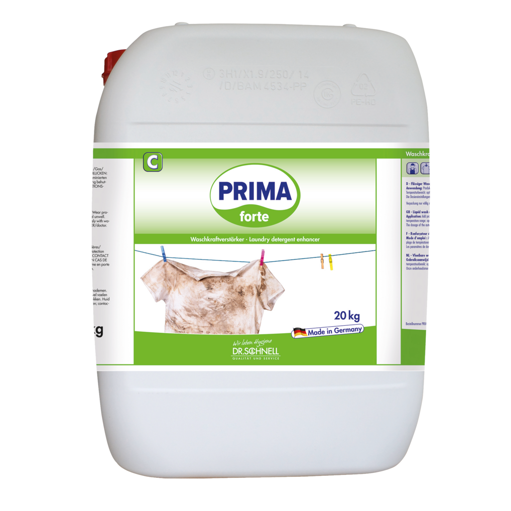 Ein weißer 20-kg-Behälter von Dr. Schnell PRIMA FORTE der DR.SCHNELL GmbH & Co. KGaA, mit einem grün-weißen Etikett, auf dem ein schmutziges Hemd auf einer Wäscheleine abgebildet ist. Ideal für die professionelle Reinigung; entfernt hartnäckige Flecken. Auf dem Etikett steht "Made in Germany".