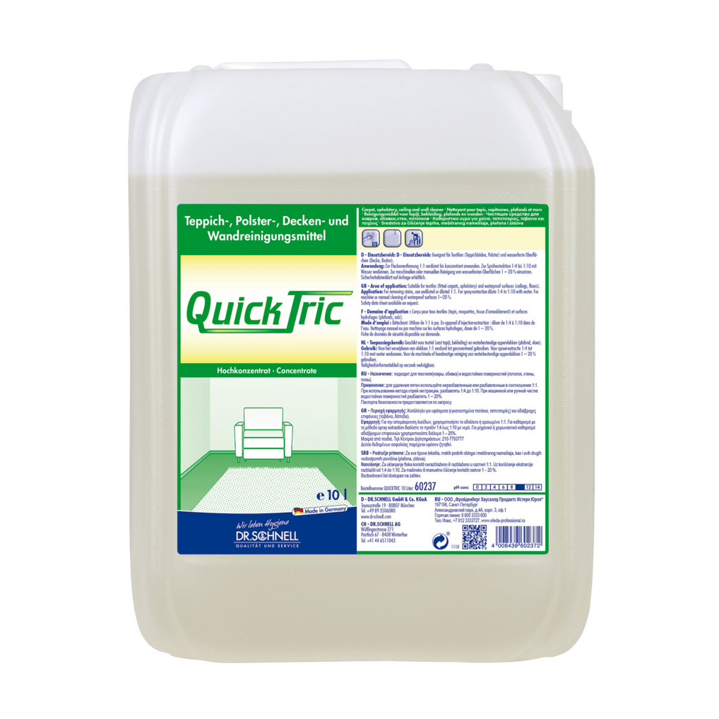Un contenitore di plastica da 10 litri di Dr. Schnell QUICK TRIC di DR.SCHNELL GmbH & Co. KGaA, un detergente concentrato per la pulizia professionale di tappeti, tappezzerie, soffitti e pareti; l'etichetta contiene istruzioni e l'immagine di un divano e di un tappeto.