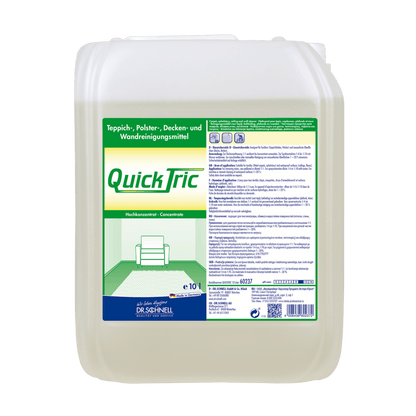 Un contenitore di plastica da 10 litri di Dr. Schnell QUICK TRIC di DR.SCHNELL GmbH & Co. KGaA, un detergente concentrato per la pulizia professionale di tappeti, tappezzerie, soffitti e pareti; l'etichetta contiene istruzioni e l'immagine di un divano e di un tappeto.