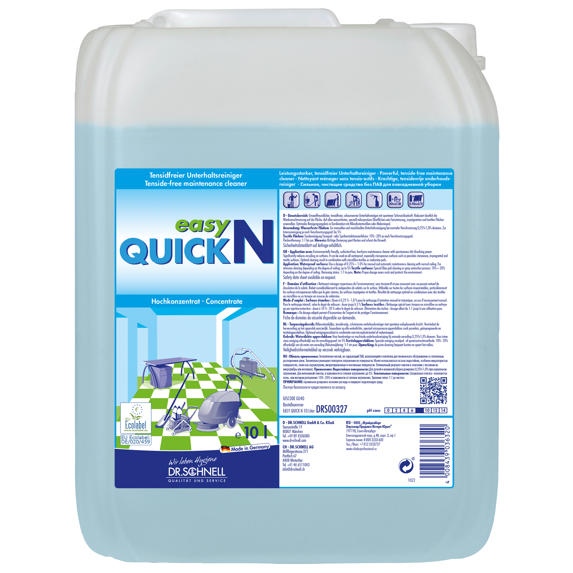 Ein 10-Liter-Gebinde Dr. Schnell EASY QUICK der DR.SCHNELL GmbH & Co. KGaA zeigt auf seinem Etikett Hinweise, Anwendungssymbole und Bilder von sauberen Oberflächen und eignet sich damit als vielseitiger Reiniger für den professionellen Einsatz.
