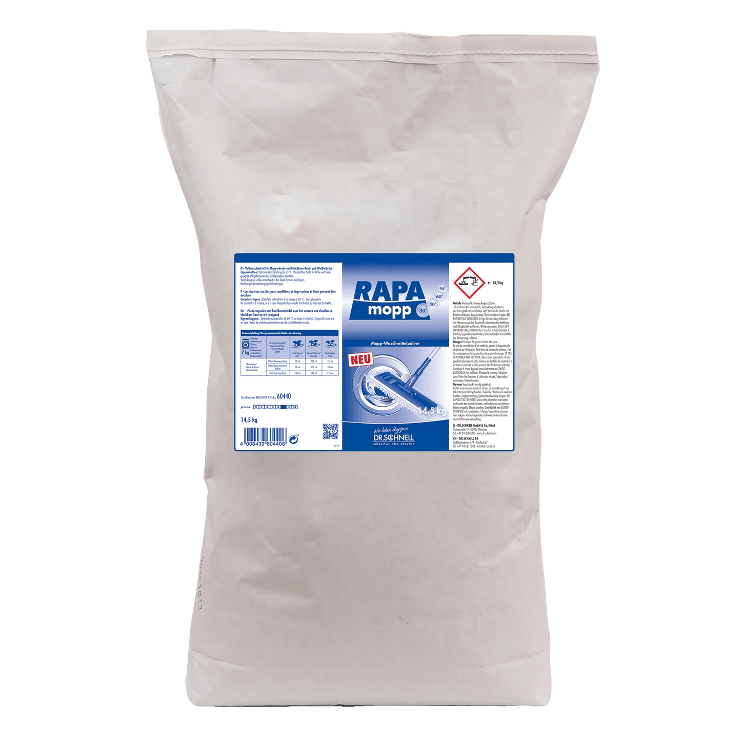 Un sacco di plastica bianca da 1450g Dr. Schnell RAPA MOPP Detergente in polvere per mop senza fosfati della DR.SCHNELL GmbH & Co. KGaA è dotato di simboli di sicurezza e avvertenze che garantiscono un'igiene professionale del lavaggio durante la pulizia dei tessuti.