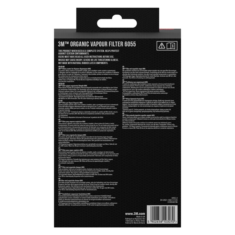 Vista posteriore della confezione della cartuccia filtrante 3M™ 6055, A2 Vapori organici di 3M Deutschland GmbH con istruzioni multilingue, informazioni sul prodotto, avvertenze, un codice a barre e un sito web su una confezione nera con testo bianco.