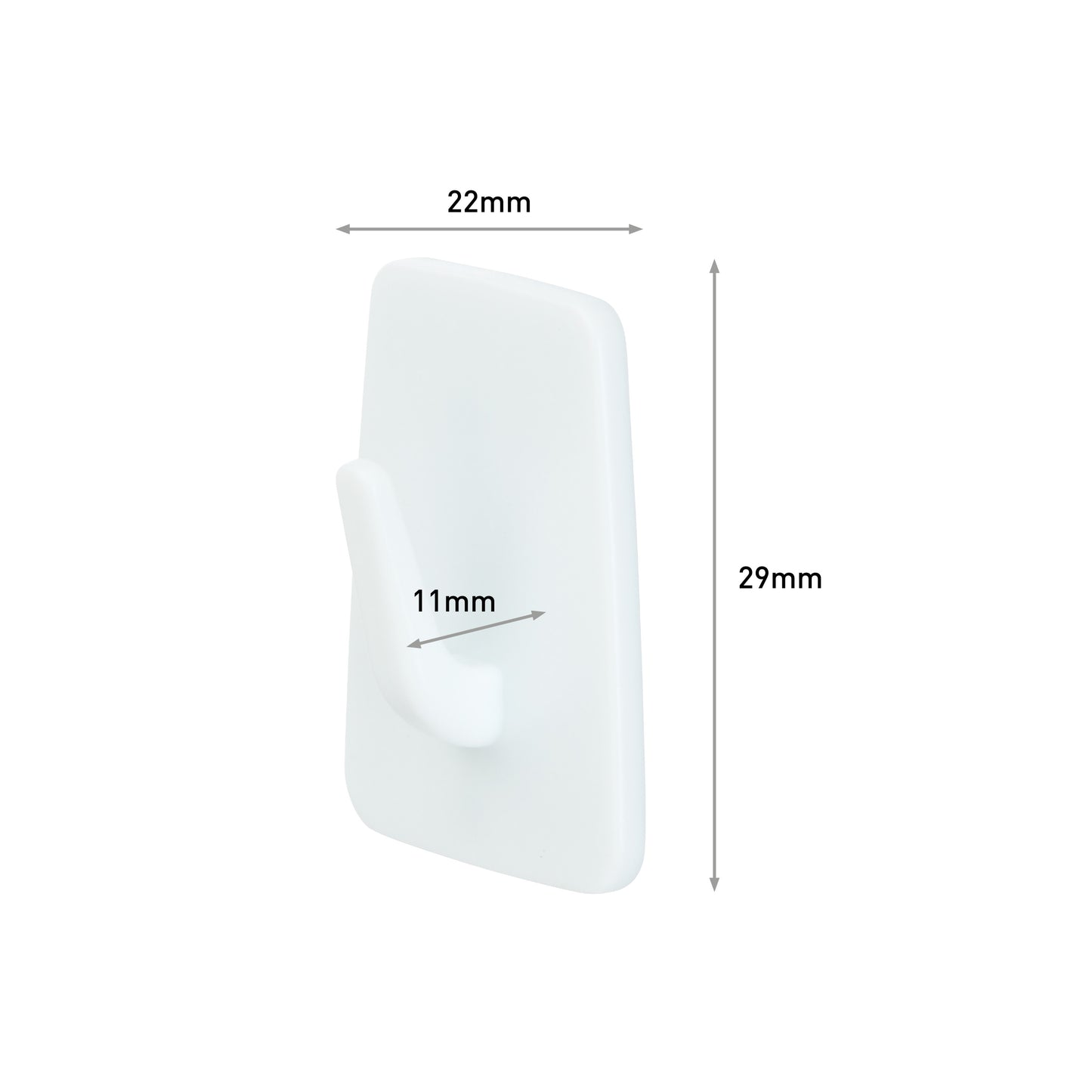 Der Command™ Mini-Haken, 17066 von 3M Deutschland GmbH, ist ein weißer Kunststoff-Wandhaken für kleine Räume. Er hat eine einfache rechteckige Form mit abgerundeten Kanten und misst 22 mm Breite, 29 mm Höhe und 11 mm Tiefe.