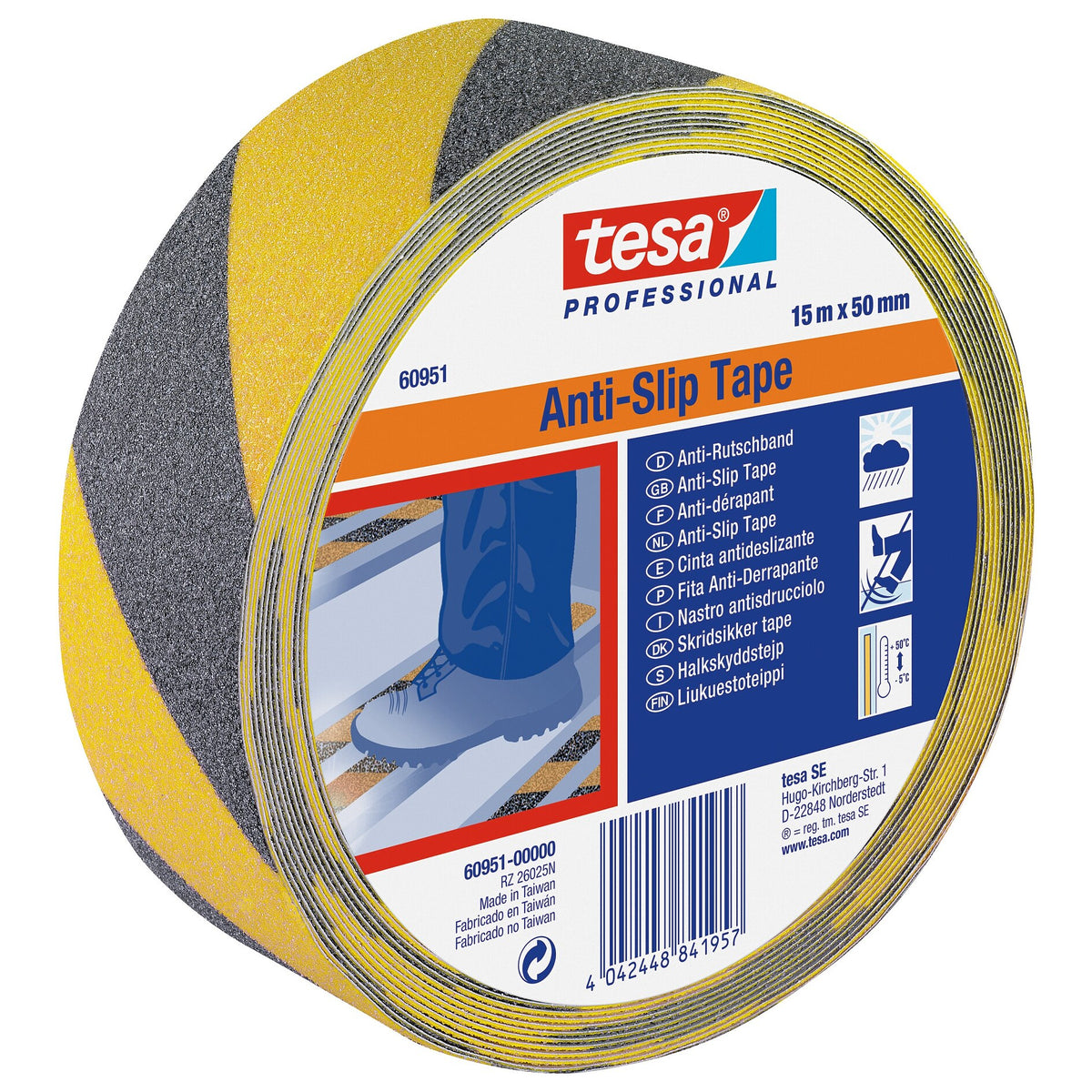 tesa Professional 60951 Anti-Rutschband schwarz/gelb, 15 m x 50 mm, schwarz-gelb