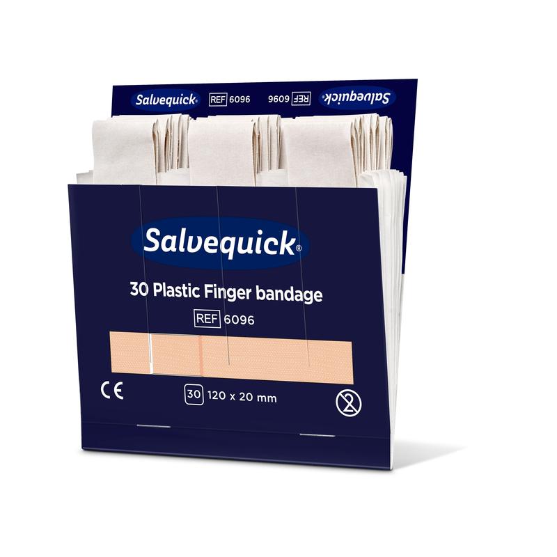 Una scatola blu aperta di Orkla Wound Care AB contiene 30 bende per le dita in plastica (120 x 20 mm), ciascuna in posizione verticale. Confezione: 6 pezzi.