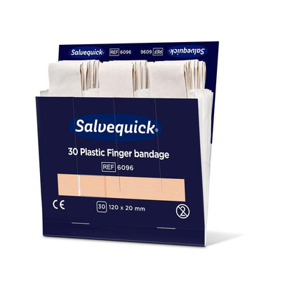 Una scatola blu aperta di Orkla Wound Care AB contiene 30 bende per le dita in plastica (120 x 20 mm), ciascuna in posizione verticale. Confezione: 6 pezzi.