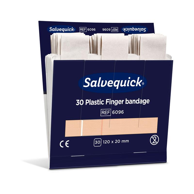 Una scatola blu-bianca aperta di Orkla Wound Care AB con la scritta "Fingerbinde in plastica, 120 x 20 mm, 30 st/Mine | Confezione (6 pezzi)" contiene bende confezionate singolarmente con indicazioni di dimensioni: 120 x 20 mm.