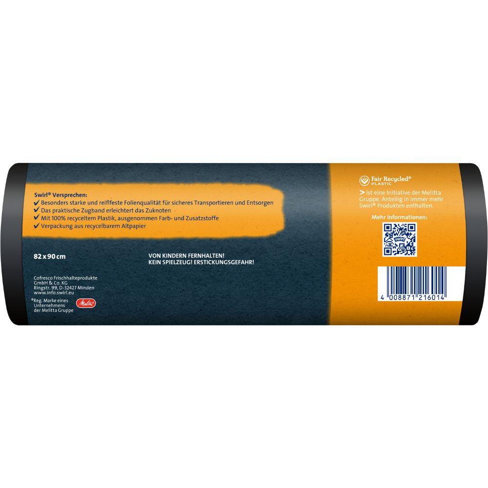 Eine Rolle Swirl Schwerlast-Säcke Profi mit Zugband 120l (12 Beutel) von Melitta Europa GmbH & Co. KG mit deutschem Text, der auf reißfeste, auslaufsichere Säcke hinweist. Die Verpackung zeigt Barcode und Produktdetails.