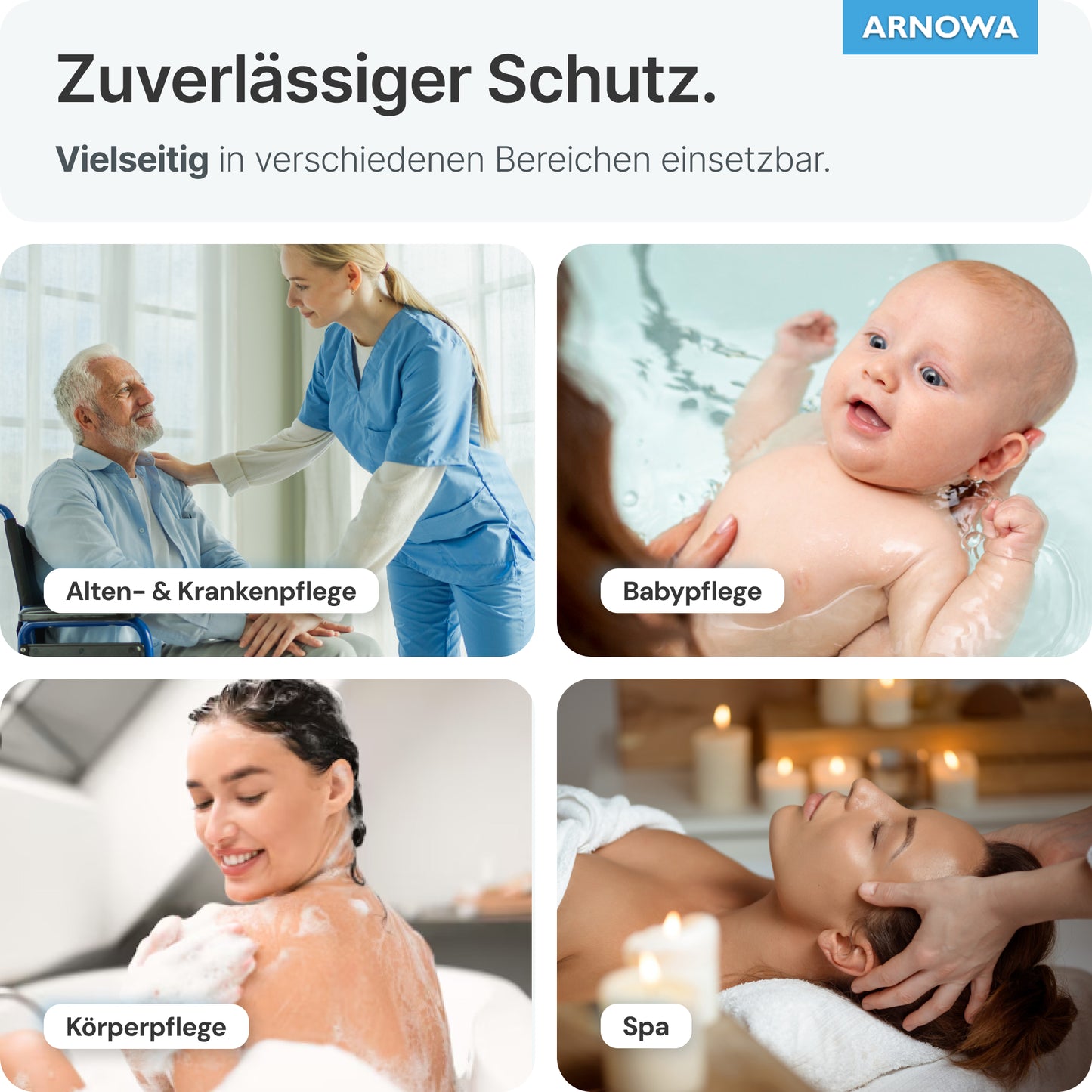 Un collage mostra un'infermiera con guanti da lavaggio monouso ARNOMED in mollettone di ARNOWA GmbH con un uomo anziano, un bambino che fa il bagno e donne nella cura della pelle. I guanti certificati Dermatest offrono protezione versatile e affidabile (50 pezzi/confezione).