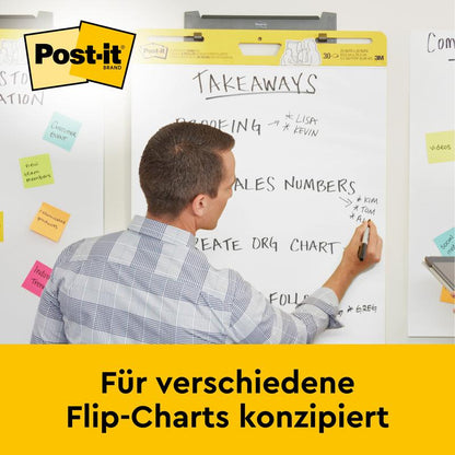Un uomo scrive "Takeaways" su un 3M Post-it® Super Sticky Mini Meeting Chart Flipchart 577SS (38x45,7cm, 20 fogli). Grafici e note adesive si trovano sullo sfondo. Banner: "Progettato per diversi Flip-Charts."