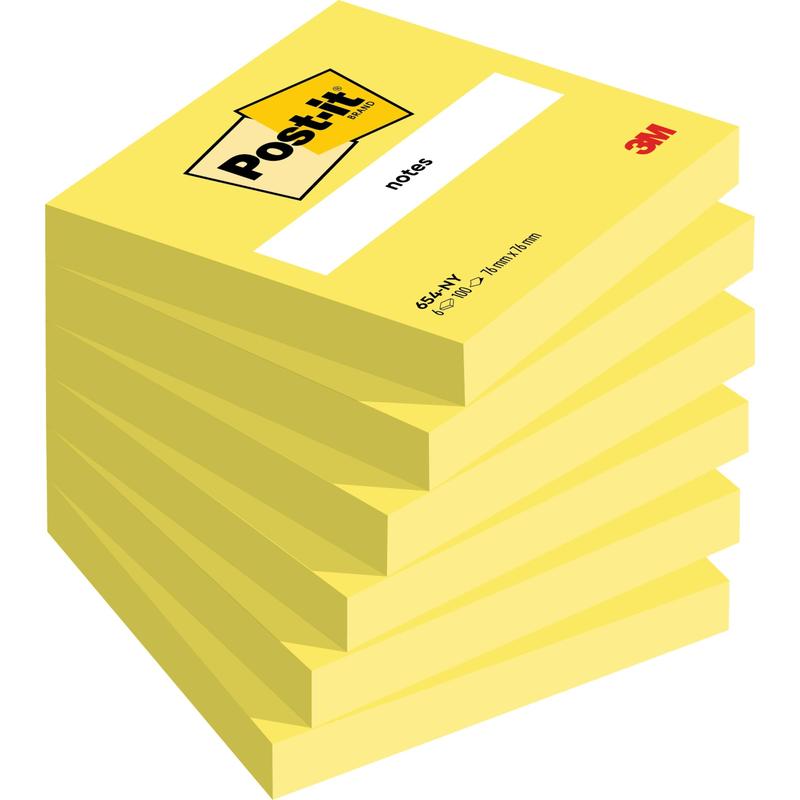 Una pila di otto Post-it® Notes gialli (76 mm x 76 mm, 100 fogli/pad, 100% PEFC) della 3M Deutschland GmbH è disposta in diagonale, con "Notes" sul pad superiore e il logo 3M nell'angolo in basso a destra.