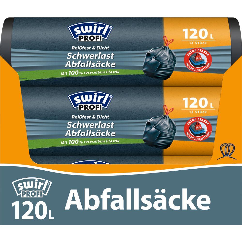 Sono raffigurati due rotoli di sacchi per rifiuti Swirl sacchi pesanti Profi (di Melitta Europa GmbH & Co. KG), ciascuno da 120L con 12 sacchetti per rotolo, realizzati al 100% in plastica riciclata in confezione blu e arancione.