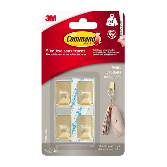 Il gancio metallico Command™ misura S color oro (17032BR-4ES) di 3M Deutschland GmbH contiene 4 ganci e 5 strisce per un fissaggio che non danneggia le superfici: ideale per appendere portachiavi e altro ancora.