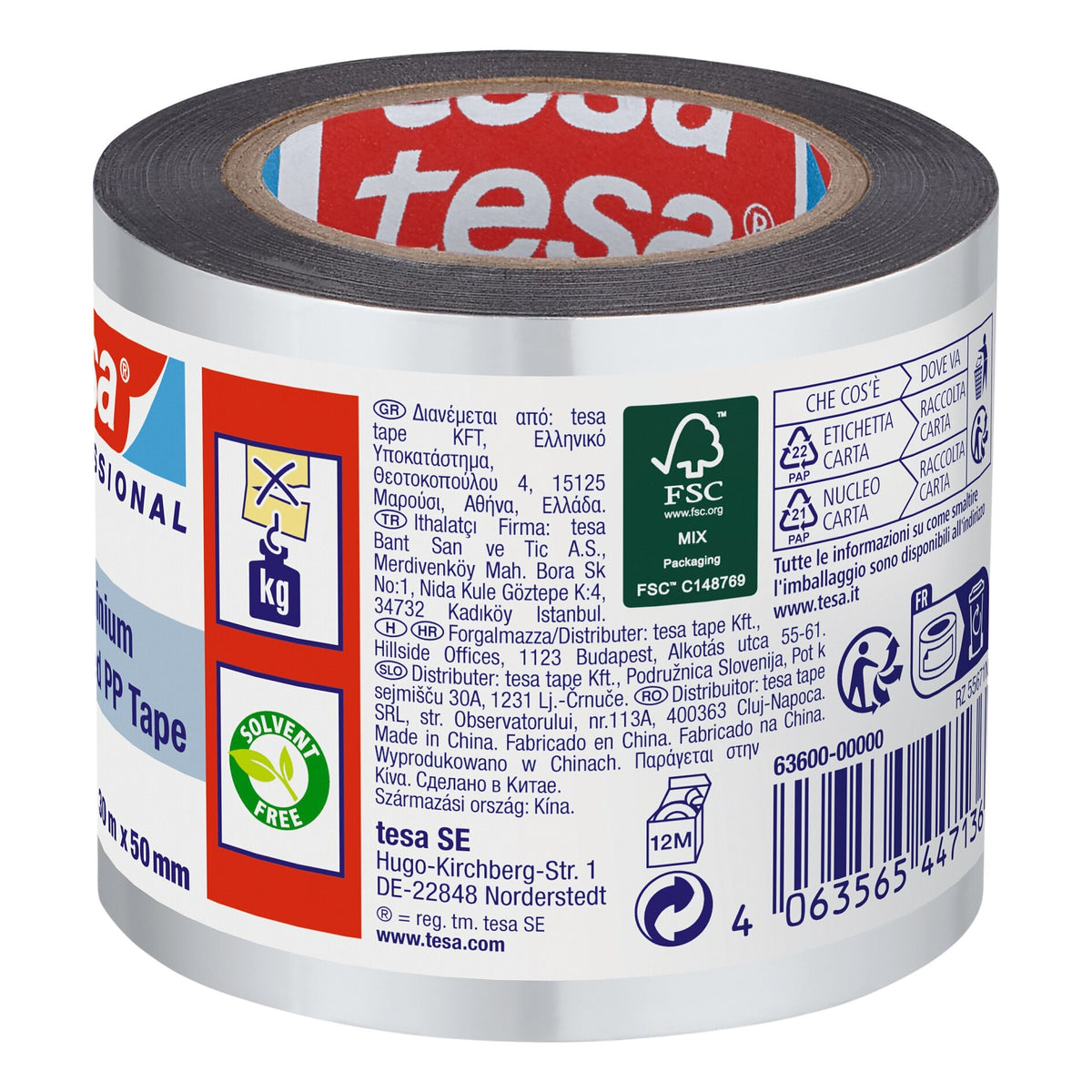tesa 63600 ALU-bedampftes PP-Klebeband, 30 m x 50 mm, aluminium-weiß, kleiner Kern