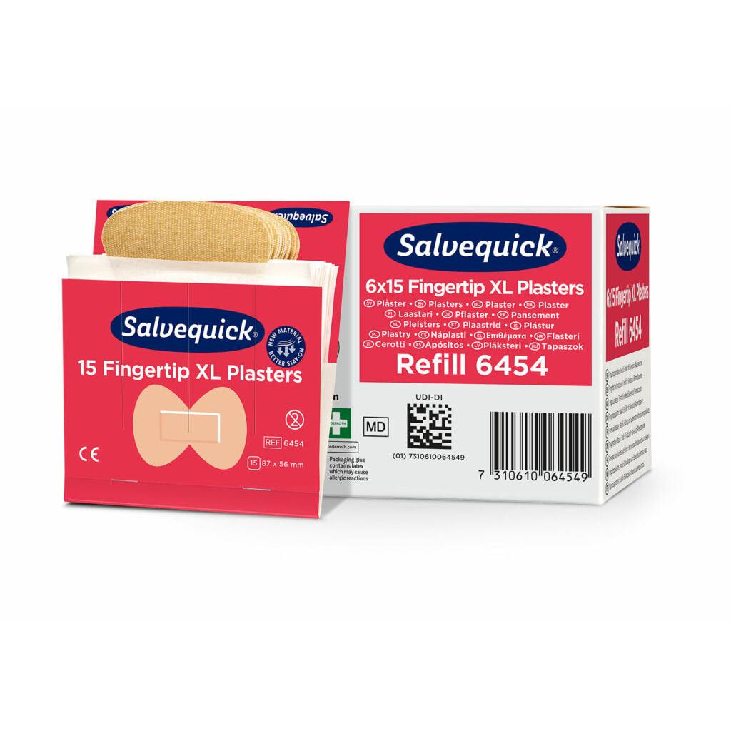 Sono raffigurati una scatola e una confezione aperta di Orkla Wound Care AB XL cerotti in tessuto per la punta delle dita, 15 pezzi/miniera | confezione (6 pezzi). La confezione bianco-rossa contiene informazioni sul prodotto e immagini di questi cerotti flessibili per la punta delle dita.