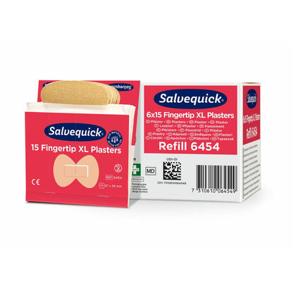 Sono raffigurati una scatola e una confezione aperta di Orkla Wound Care AB XL cerotti in tessuto per la punta delle dita, 15 pezzi/miniera | confezione (6 pezzi). La confezione bianco-rossa contiene informazioni sul prodotto e immagini di questi cerotti flessibili per la punta delle dita.