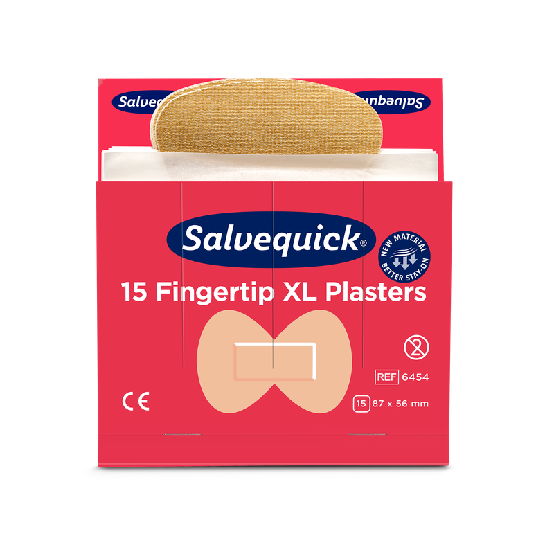 Una scatola rossa di Orkla Wound Care AB XL cerotti in tessuto per la punta delle dita, 15 pezzi/miniera (confezione da 6 pezzi), con un cerotto parzialmente rimosso. Sulla confezione sono visibili il marchio CE, le dimensioni e un'immagine della forma della punta delle dita.