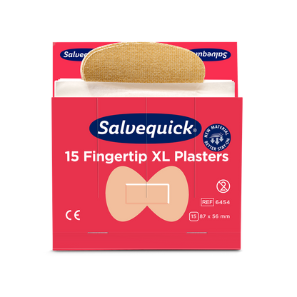 Una scatola rossa di Orkla Wound Care AB XL cerotti in tessuto per la punta delle dita, 15 pezzi/miniera (confezione da 6 pezzi), con un cerotto parzialmente rimosso. Sulla confezione sono visibili il marchio CE, le dimensioni e un'immagine della forma della punta delle dita.